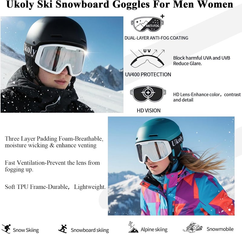Ukoly Ski/Snowboard Goggles for Men Women, Snow Goggles HD Lens Anti-Fog Coating OTG Design UV400 Protection Windproof - Image 3
